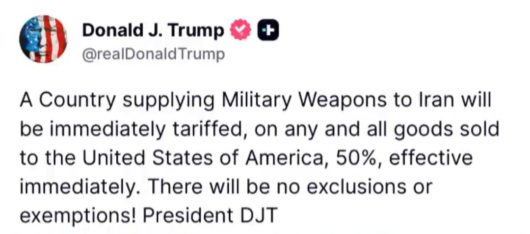 Trump declares 50% tariff on all goods from countries supplying Iran weapons