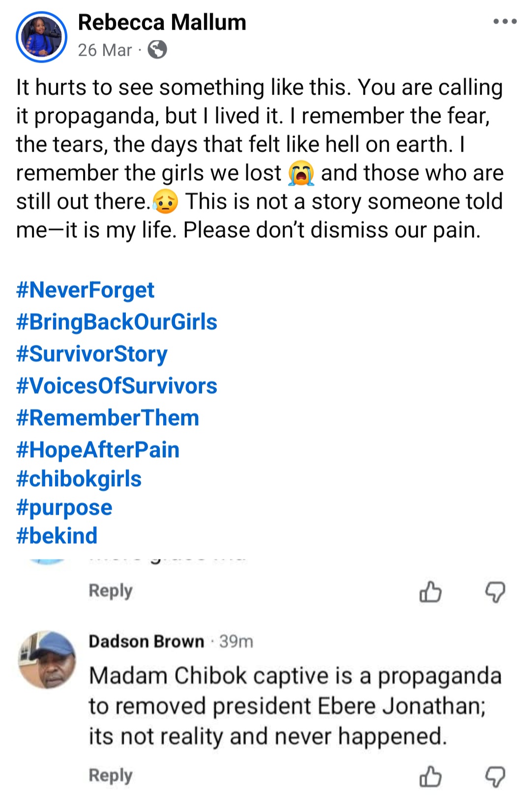 Screenshot of Rebecca Mallum's Facebook post about the Chibok kidnapping anniversary.