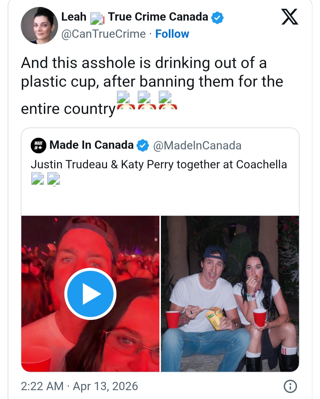 Justin Trudeau slammed for using plastic cup on date with Katy Perry after banning plastic cups in Canada