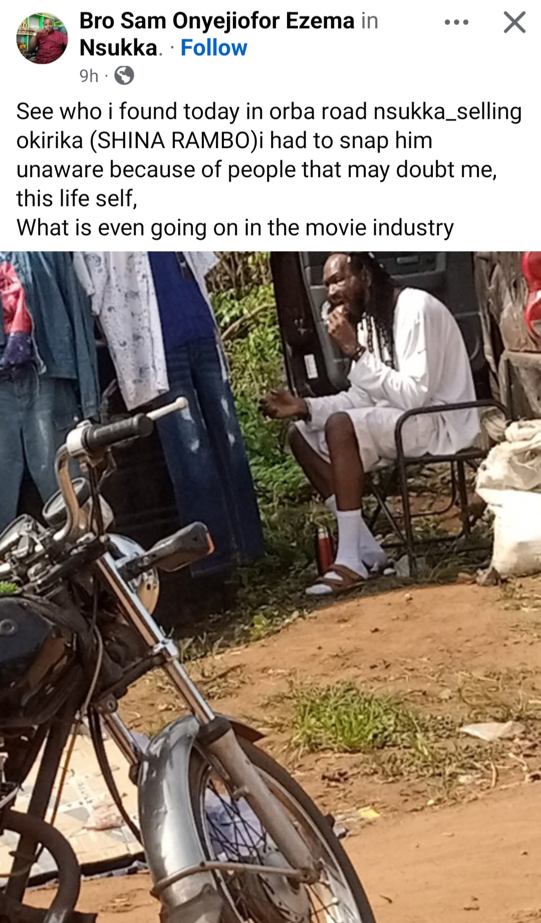 Outrage as man shares photo of former Nollywood actor Sylvester Madu selling clothes and eating on bushy road