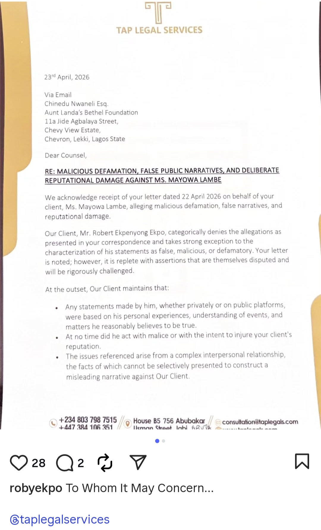 Roby Ekpo responds after ex-wife Mayowa Lambe served him cease-and-desist notice, demanded 100 million Naira and apology for his allegations about her during podcast appearance