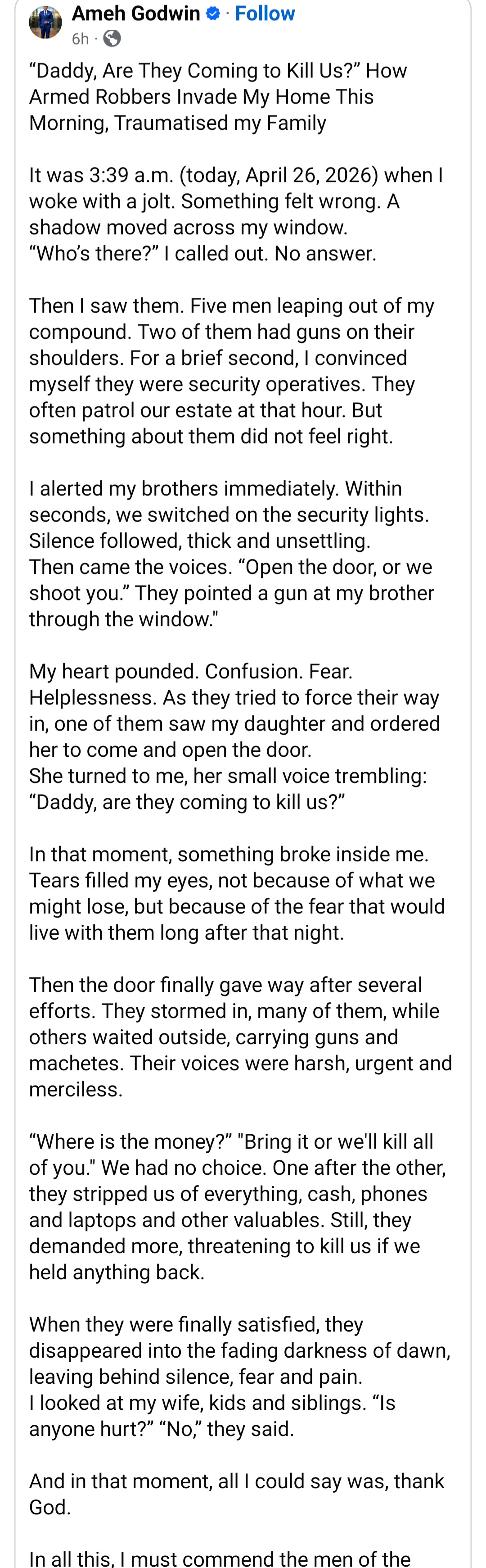 Journalist narrates traumatic experience his family endured when armed robbers invaded his home
