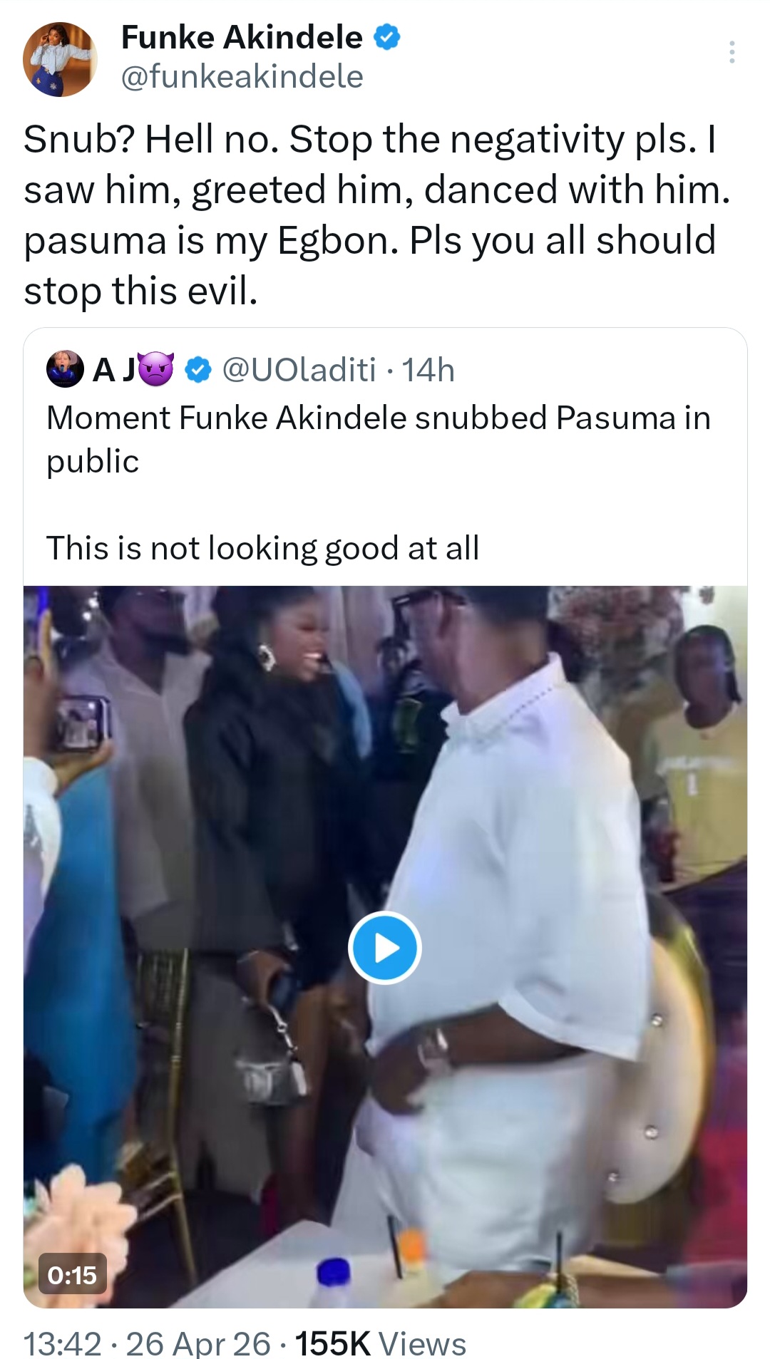 Funke Akindele responds after she was alleged to have snubbed Pasuma (video)