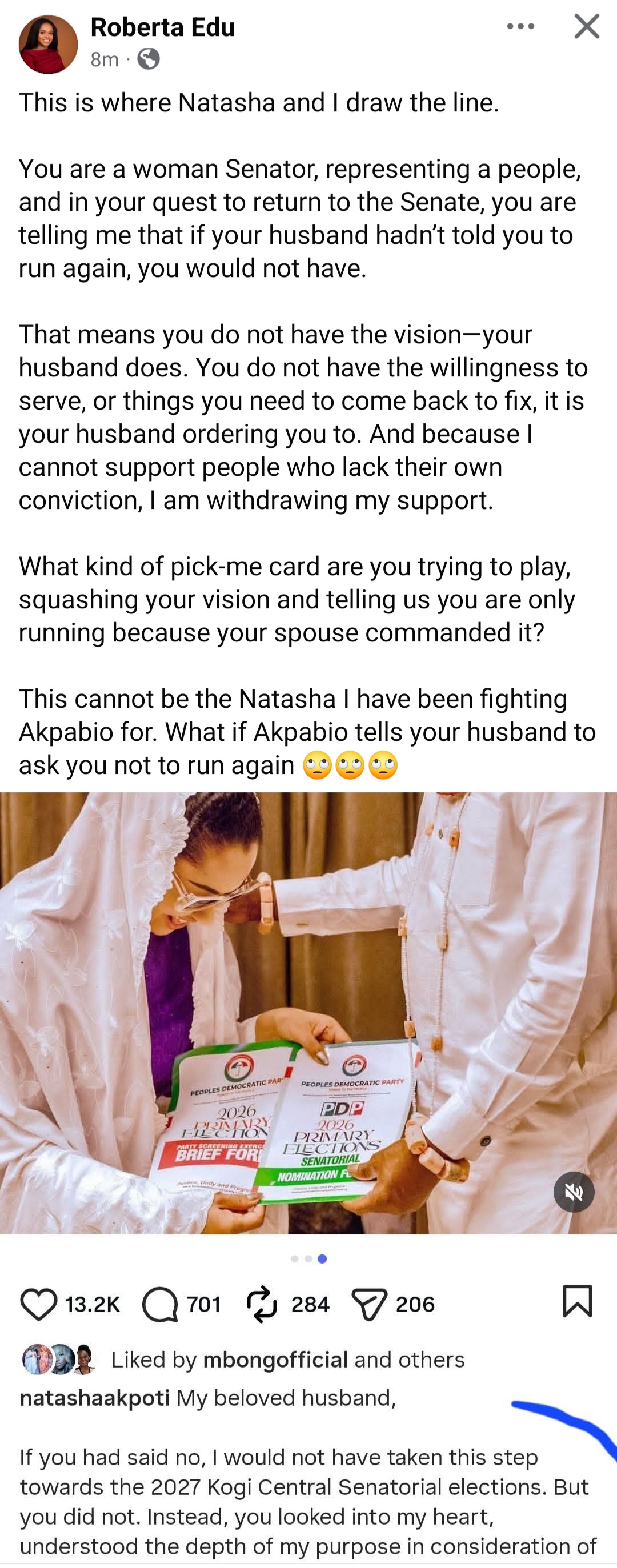 "This cannot be the Natasha I have been fighting Akpabio for" Mixed reactions as Natasha Akpoti-Uduaghan says had her husband not agreed she would not seek re-election