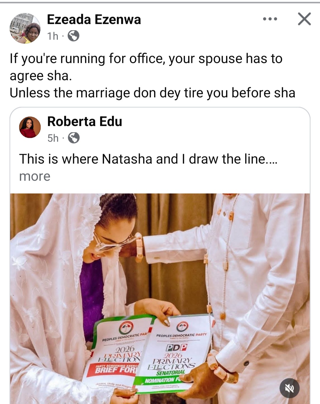 "This cannot be the Natasha I have been fighting Akpabio for" Mixed reactions as Natasha Akpoti-Uduaghan says had her husband not agreed she would not seek re-election