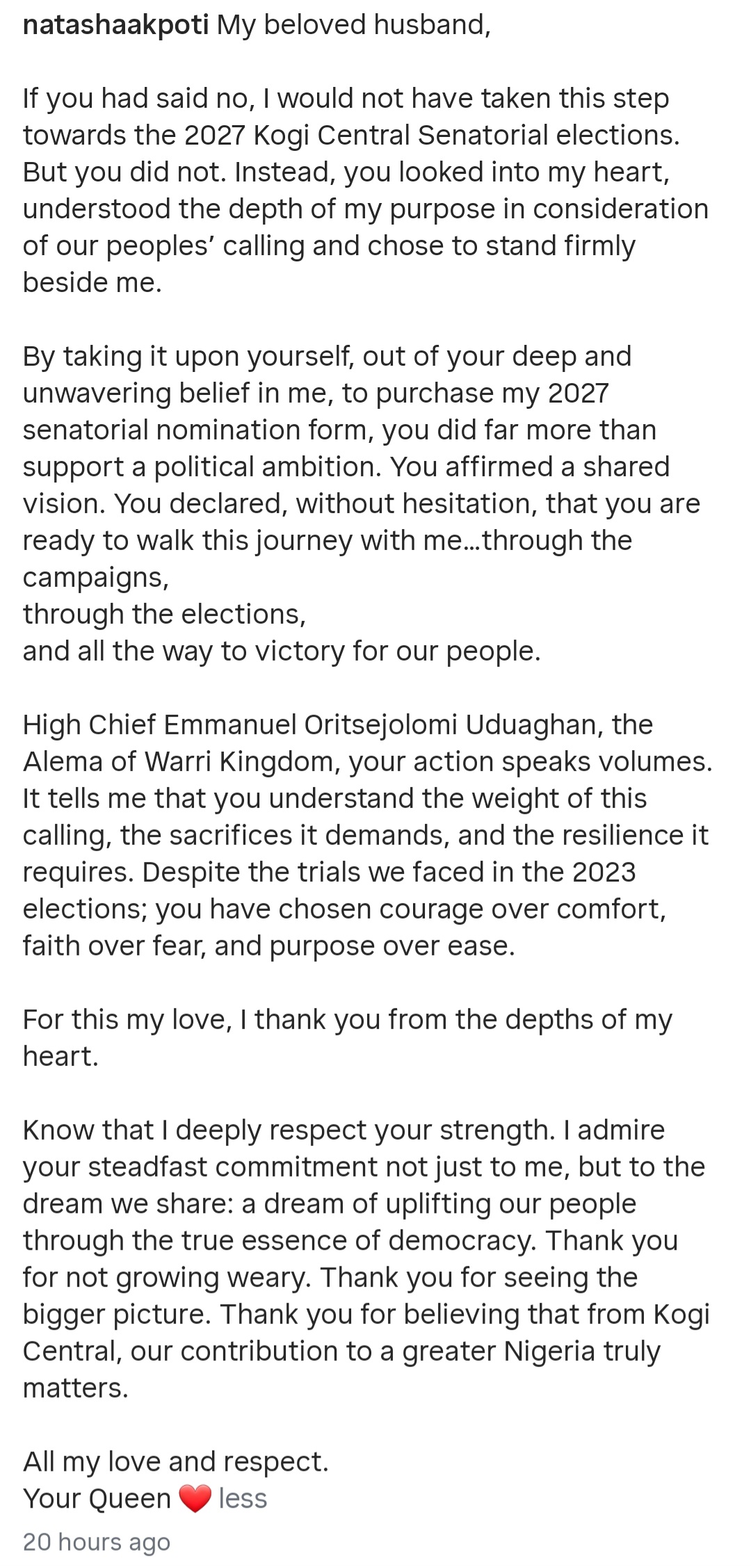 "This cannot be the Natasha I have been fighting Akpabio for" Mixed reactions as Natasha Akpoti-Uduaghan says had her husband not agreed she would not seek re-election
