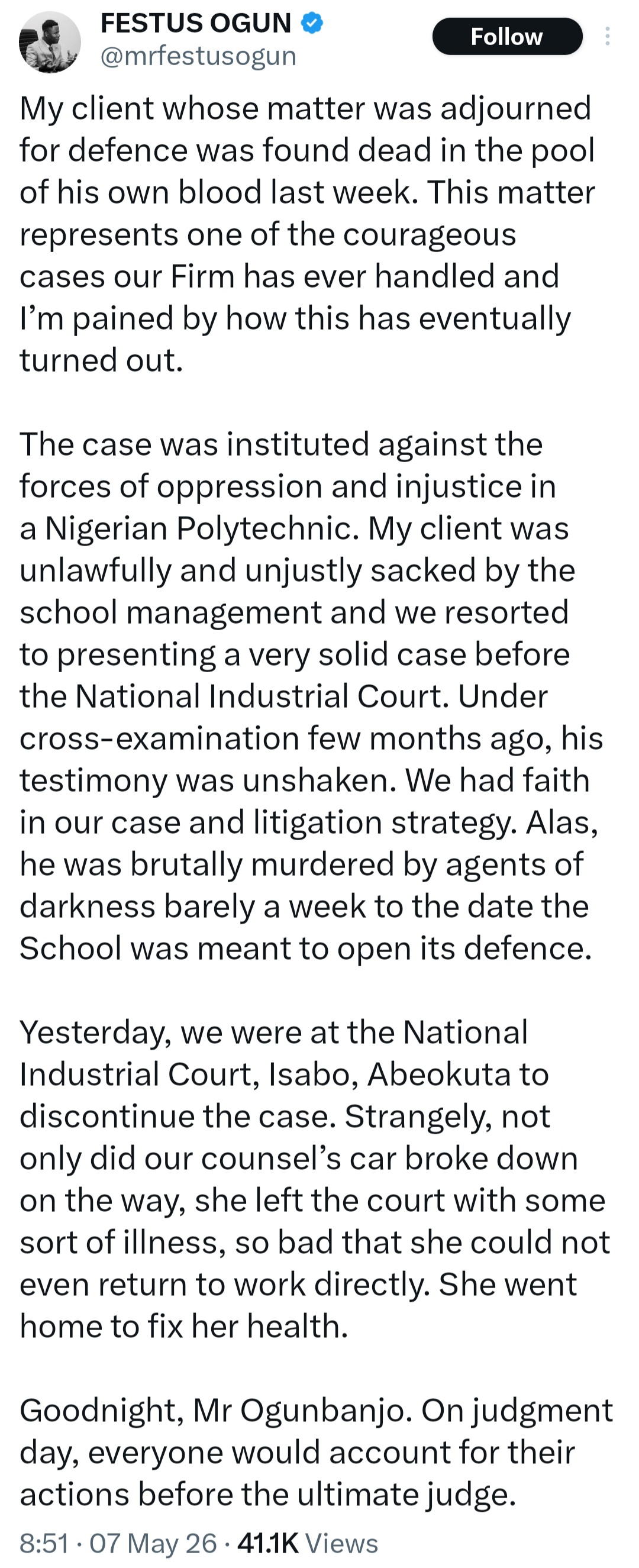 Lecturer who sued polytechnic found "brutally murdÂ£red by agents of darkness" before final court proceeding, Lawyer says