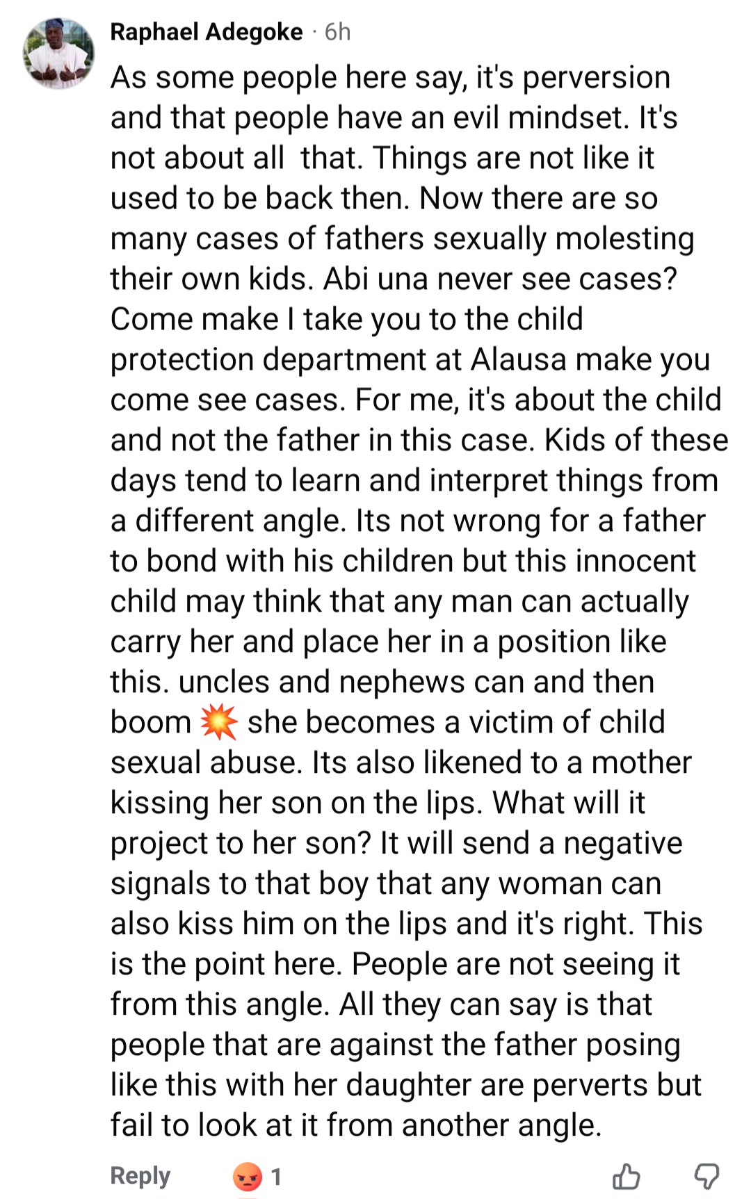 Mother called out for letting husband carry their daughter on his thighs