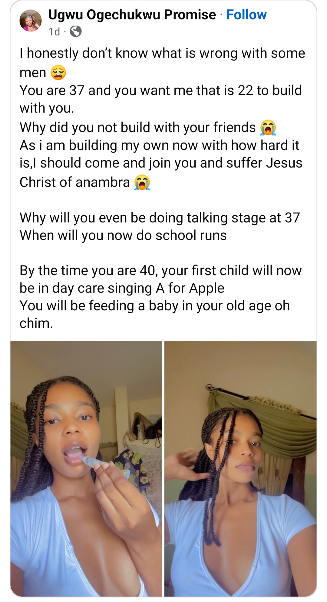 22-year-old woman calls out 30+ men who want her to build with them