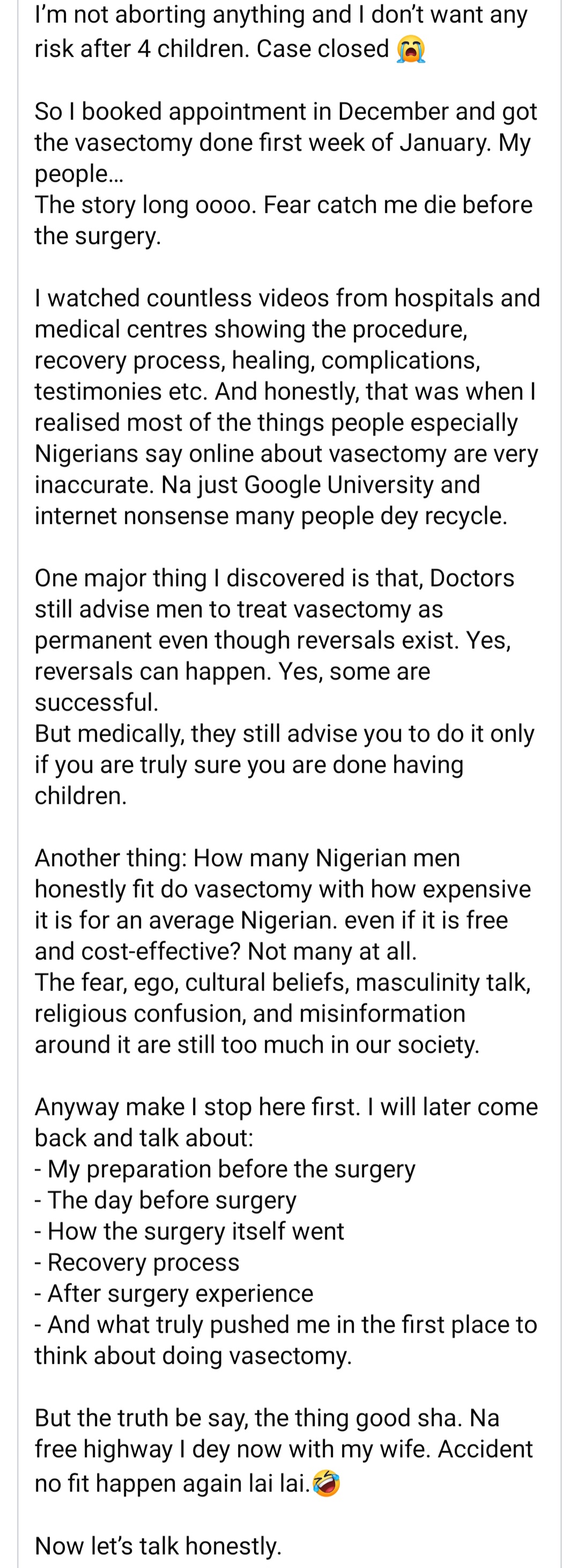 Nigerian man who underwent vasectomy talks about why he did it and the aftermath
