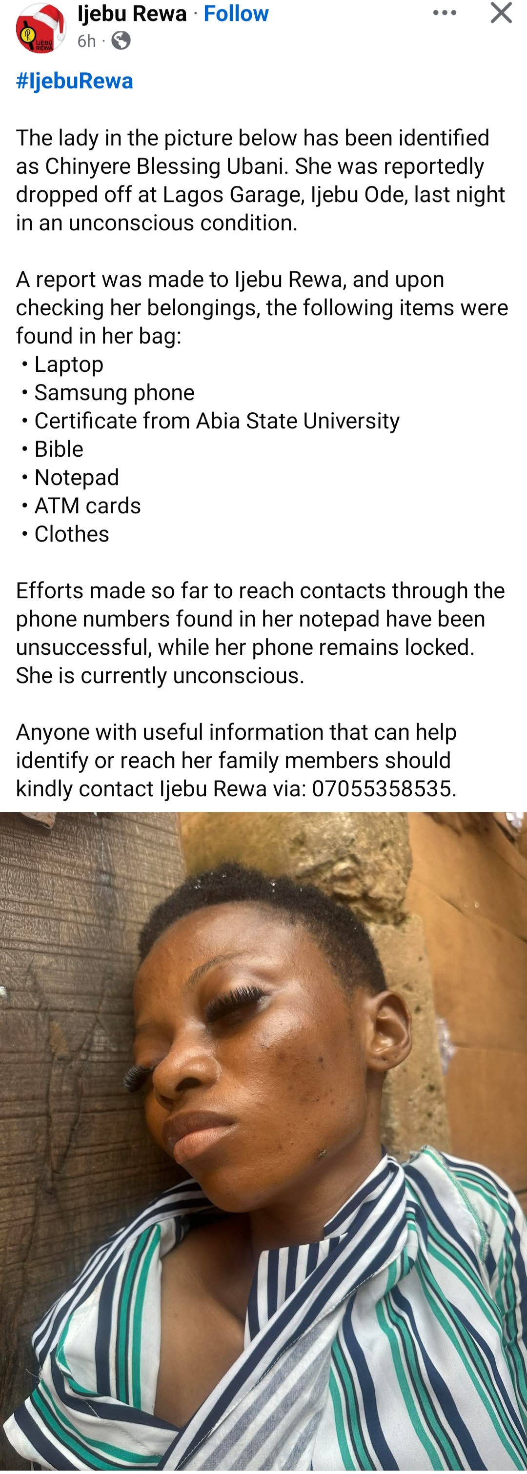 Concern for unconscious woman dropped off at Lagos Garage in Ijebu Ode