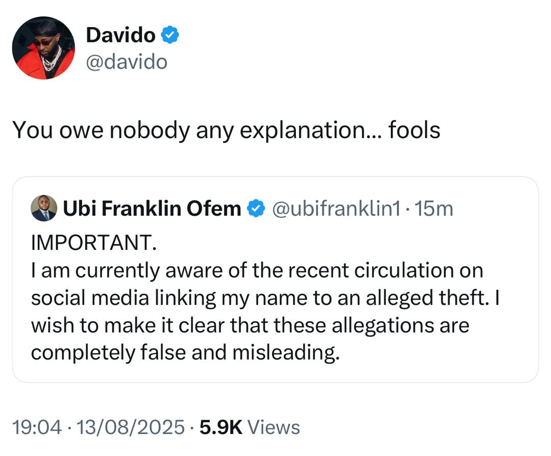 Davido reacts as Ubi Franklin denies claims he stole a wristwatch at the singer?s Miami wedding