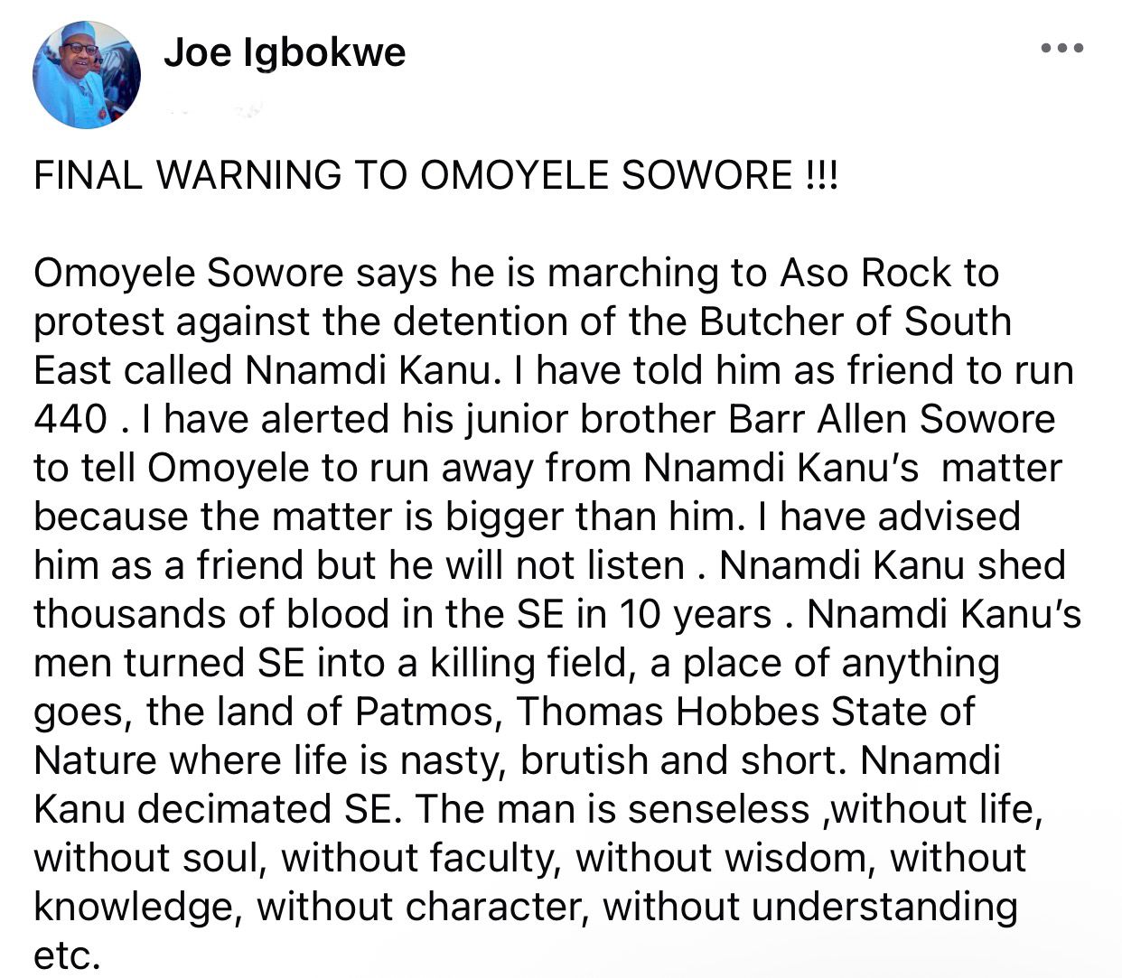 Run 440 away from South East matter - Joe Igbokwe warns Sowore