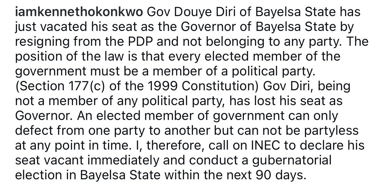 Declare his seat vacant immediately and conduct a gubernatorial election in Bayelsa State - Kenneth Okonkwo tells INEC after gov Diri resigned from PDP