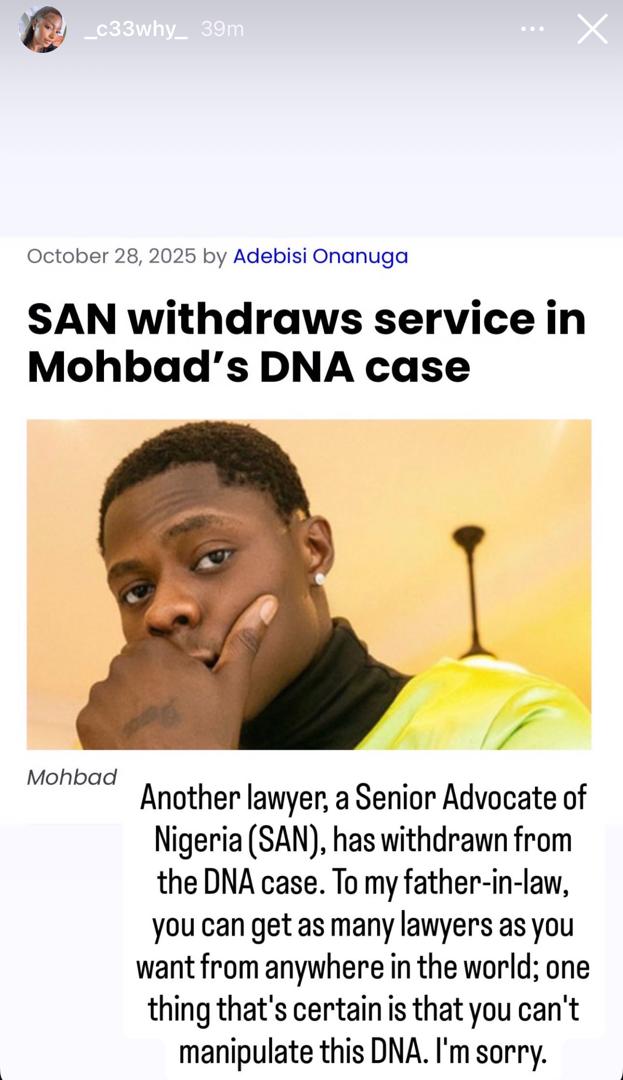 DNA test: Mohbad?s widow, Wunmi, speaks after her father in-law?s legal counsel withdraws from the case