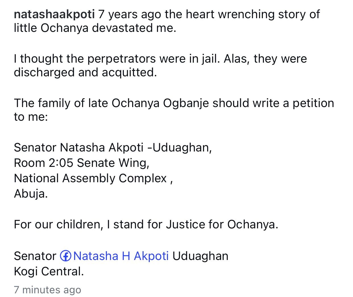 #justiceforochanya: Senator Natasha vows to seek justice for late ârapeâ victim, Ochanya Ogbanje