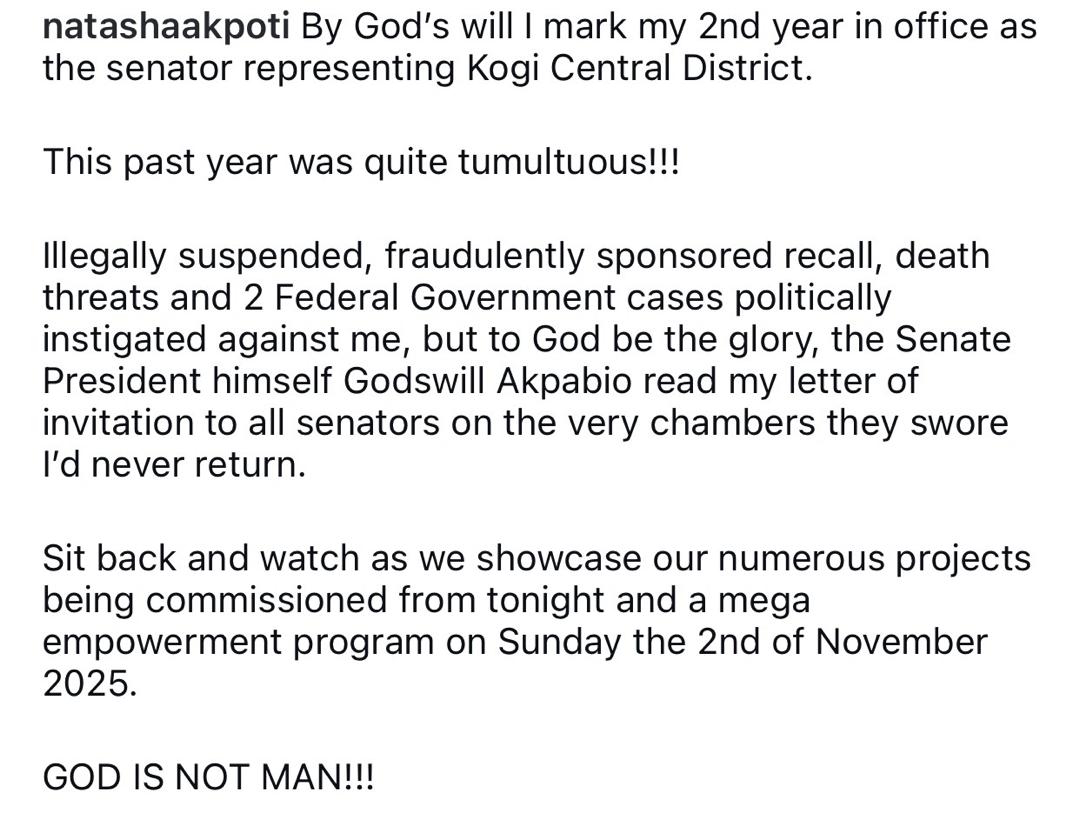 Natasha Akpoti taunts her enemies hours after Akpabio read her letter inviting him and other Senators to her 2nd year anniversary in office celebration