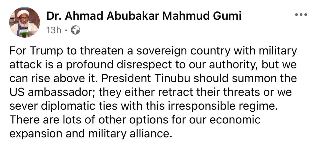 Confront Trump or cut diplomatic ties with the US - Sheikh Gumi tells President Tinubu