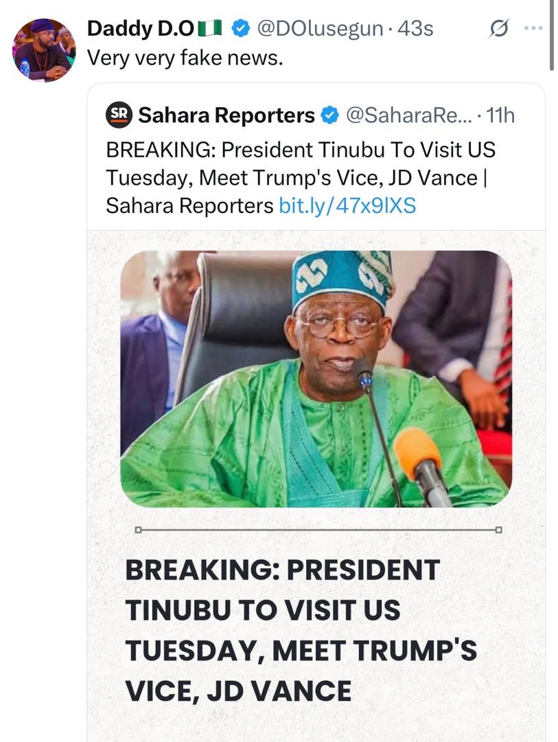 Presidential aide, Segun Dada, denies reports President Tinubu leaves for the US on Tuesday to see VP JD Vance
