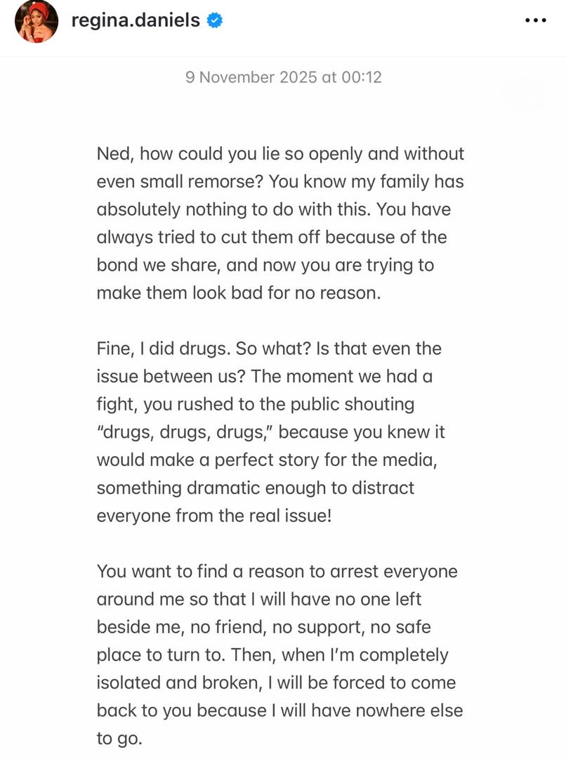 Regina did not admit to doing drugs. She was clearly defending her self- actress Doris Ogala