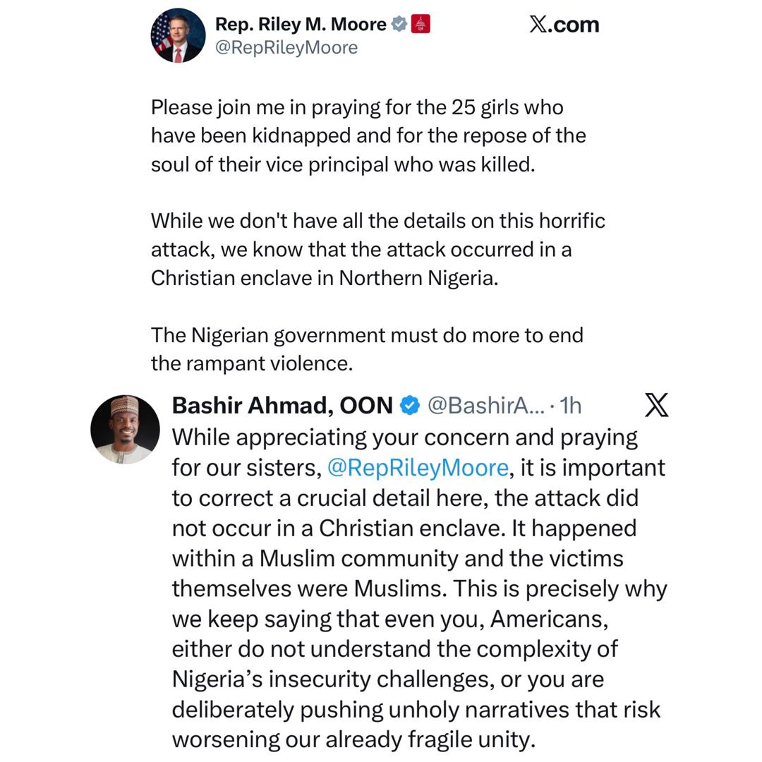 Former Presidential aide, Bashir Ahmad, corrects US congressman who claimed the 25 pupils abducted in Kebbi was from a Christian community