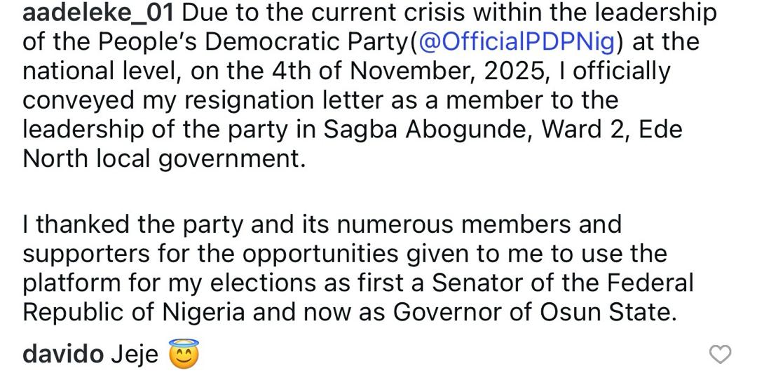 Gov Adeleke resigns from PDP