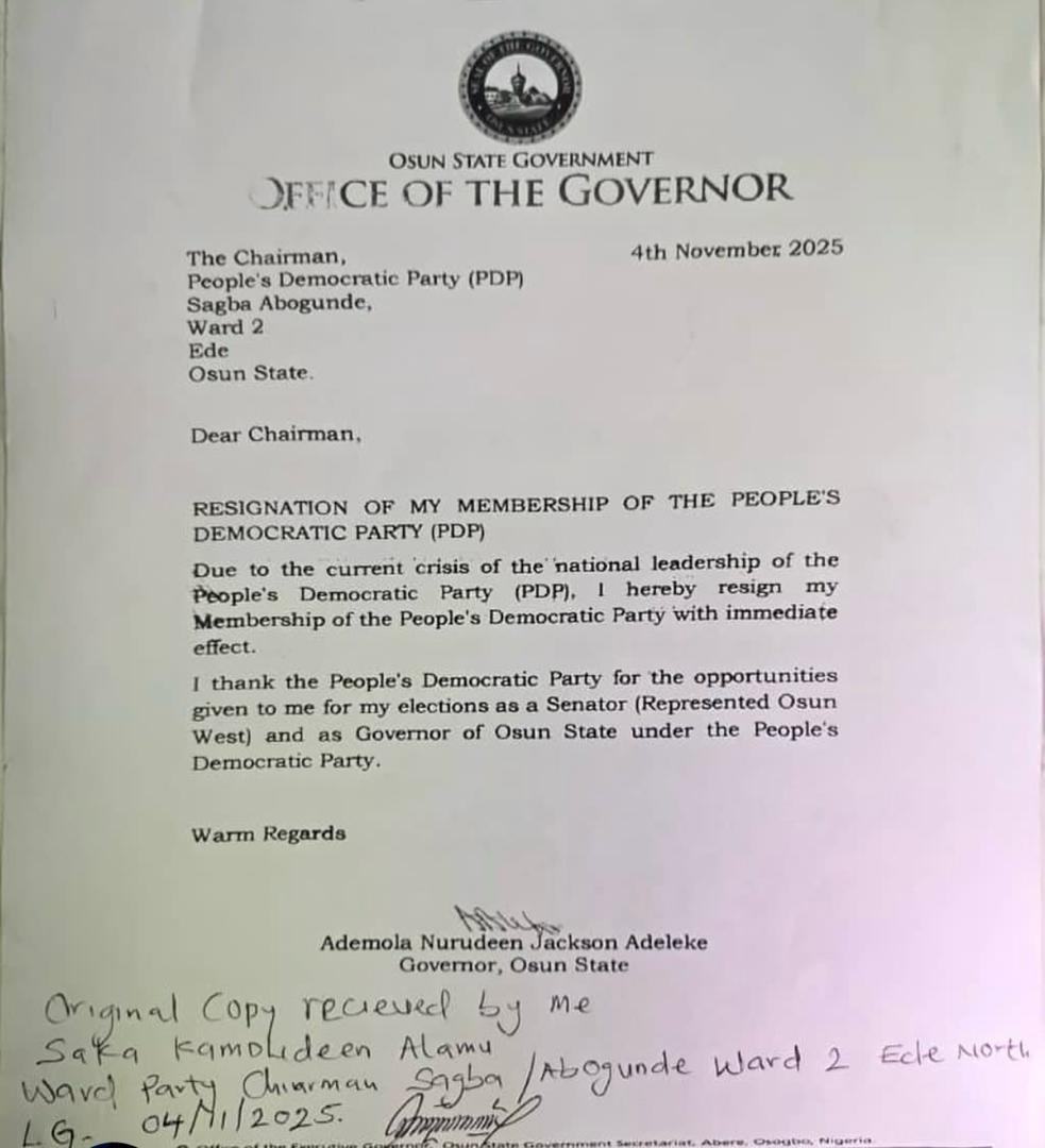 Gov Adeleke resigns from PDP
