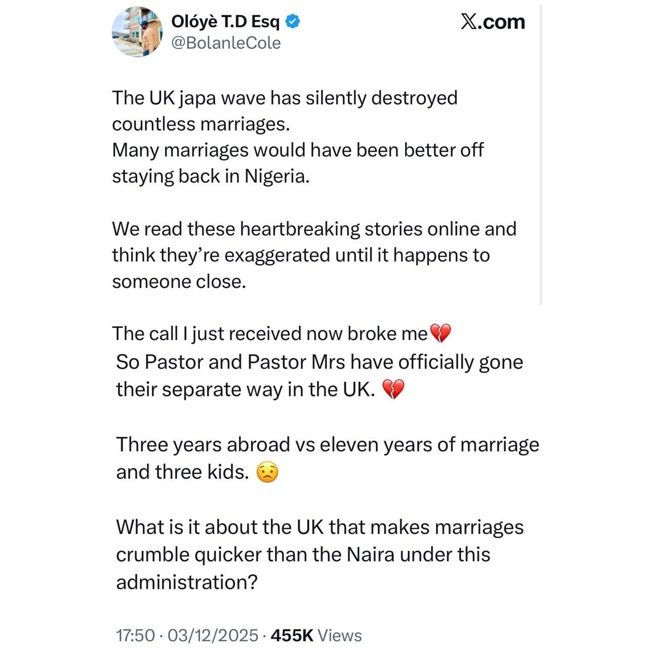 The UK japa wave has silently destroyed countless marriages - Nigerian lawyer says