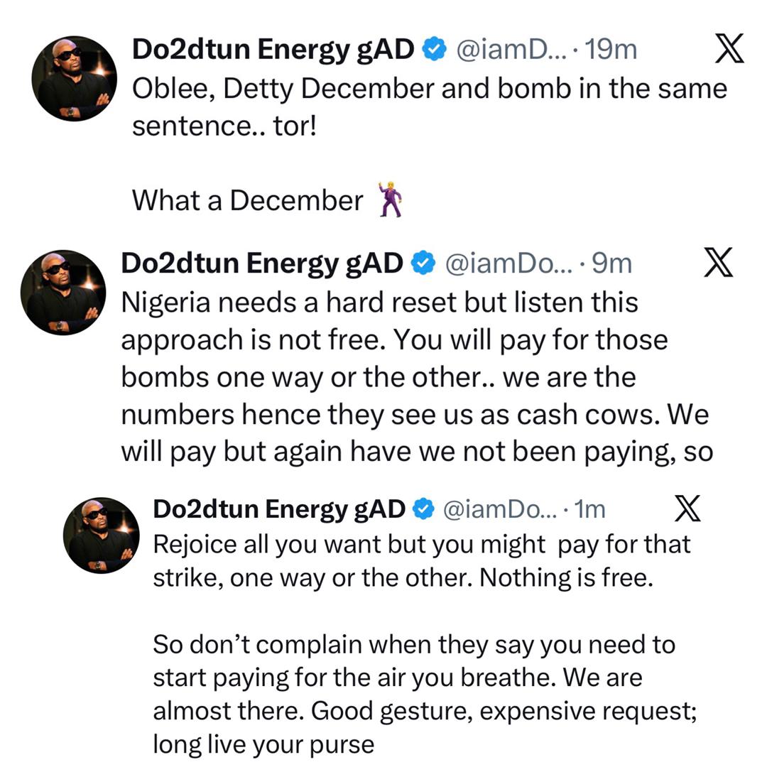 Rejoice all you want but you might pay for that strike, one way or the other - OAP Dotun reacts to US airstrike on terrorist camp in North West Nigeria