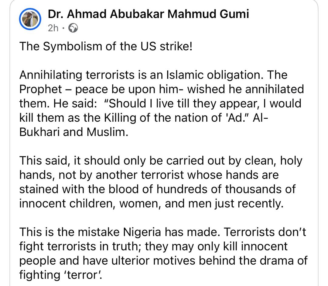 Sheik Gumi condemns US strike on ISIS camps in North West Nigeria