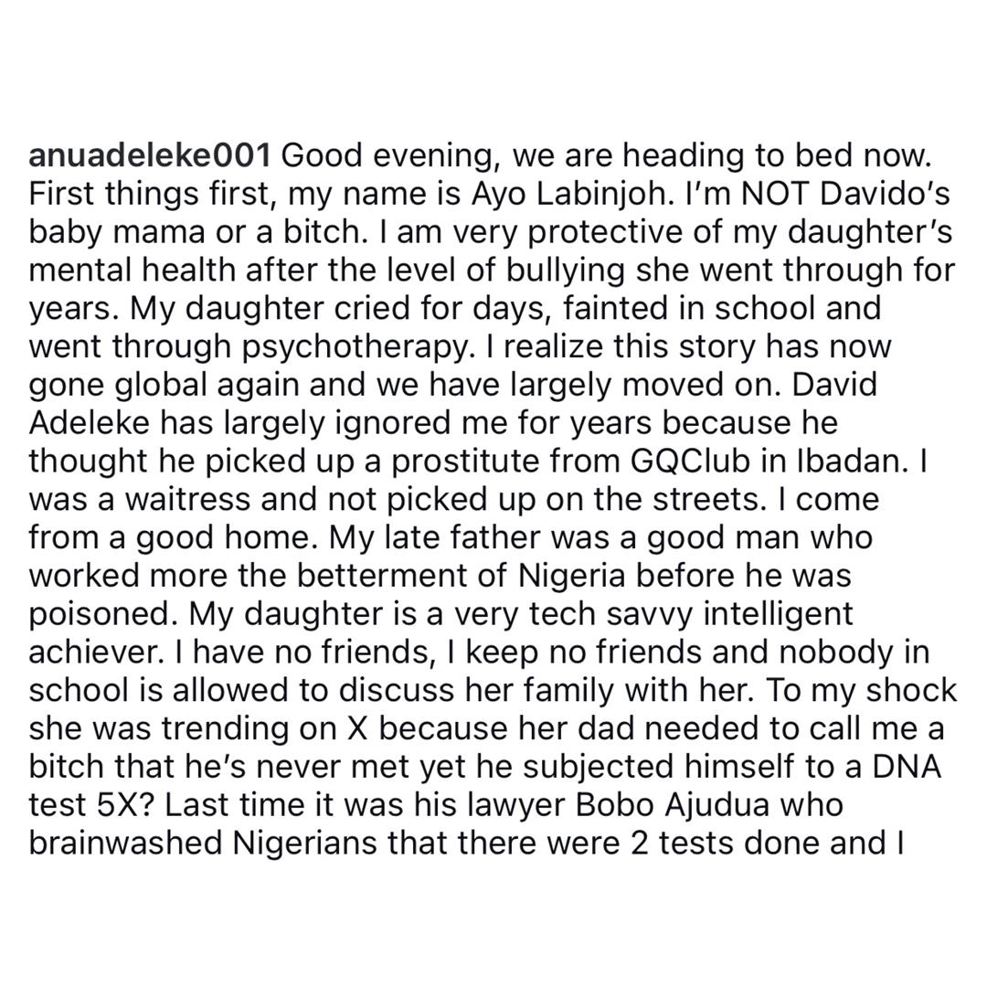 Ayo Labinjoh, mother of 13-year-old girl demanding DNA test from Davido