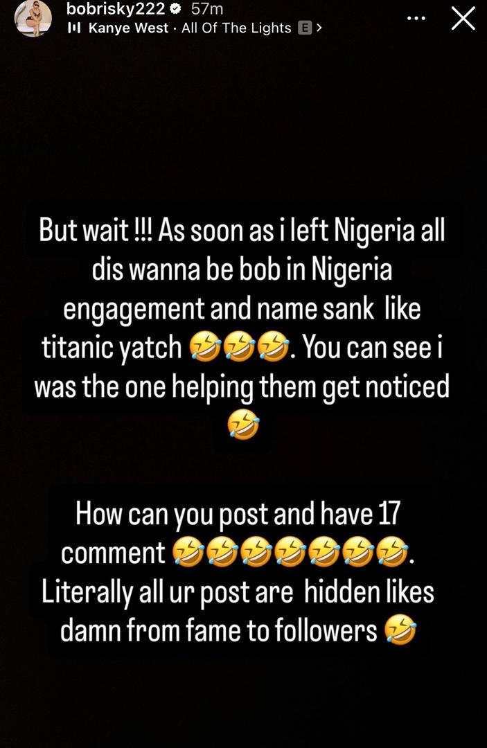 As soon as I left Nigeria, their engagements and name sank like titanic yacht - Bobrisky shades his wannabes