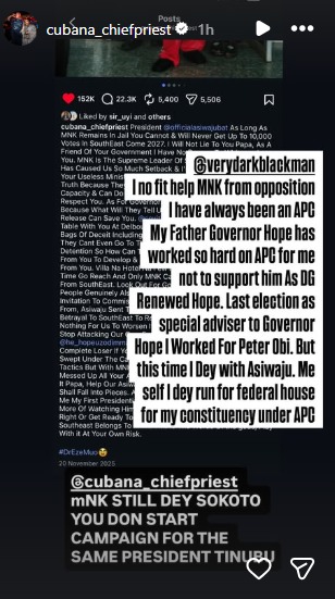 I nor fit help Nnamdi Kanu from opposition- socialite Cubana Chiefpriest speaks on why he supports APC despite IPOB leader