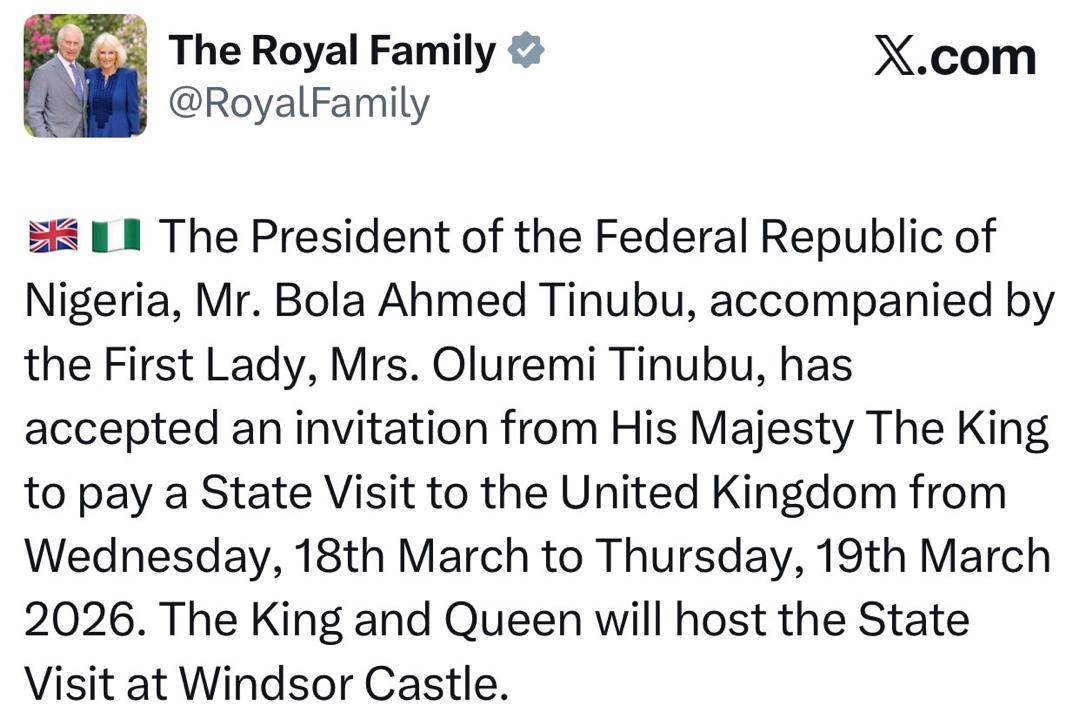 President Tinubu and First Lady Oluremi to pay state visit to the UK on King Charles? invitation