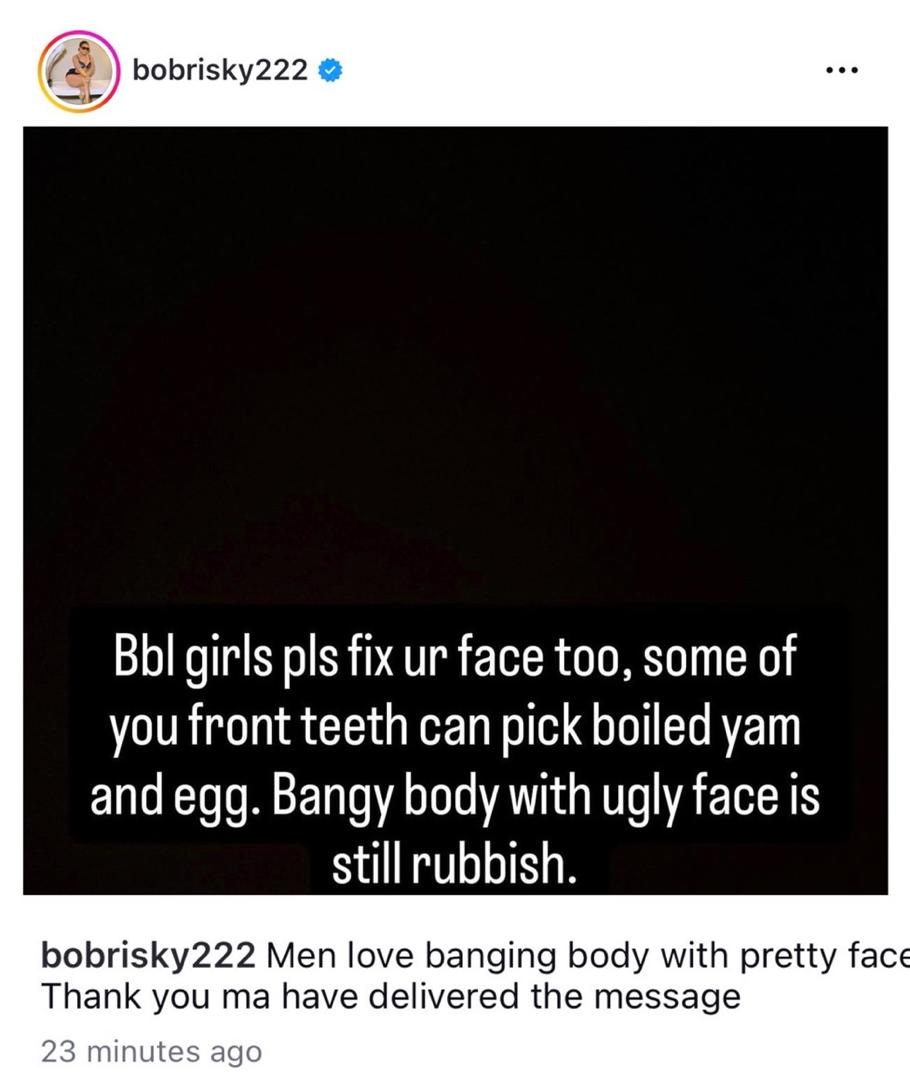 Banging body with ugly face is still rubbish. Fix your face too - Bobrisky advises ladies with BBL