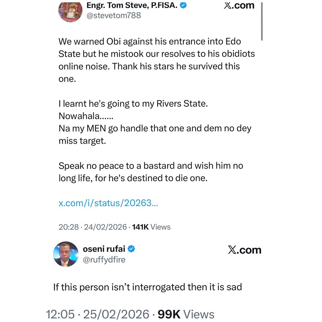 Arise TV reporter, Rufai Oseni, reacts to post from an X user seemingly gloating over the attack Peter Obi survived in Edo state