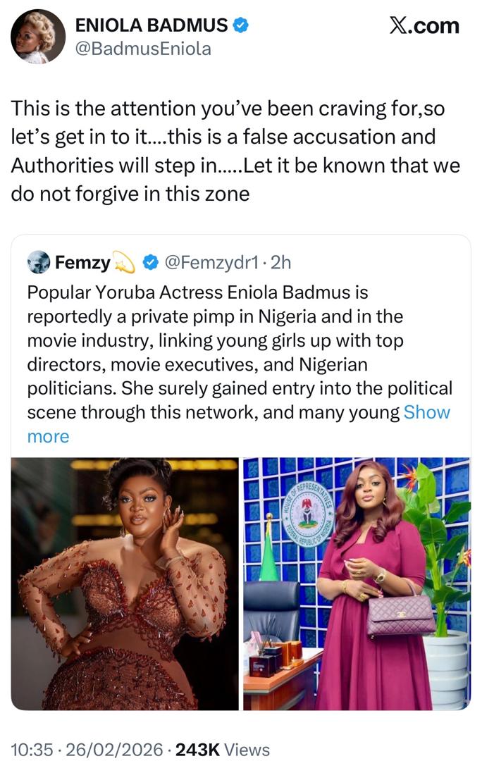 Let it be known that we do not forgive in this zone - Actress Eniola Badmus vows to go after X-user who claimed she pimps girls to politicians
