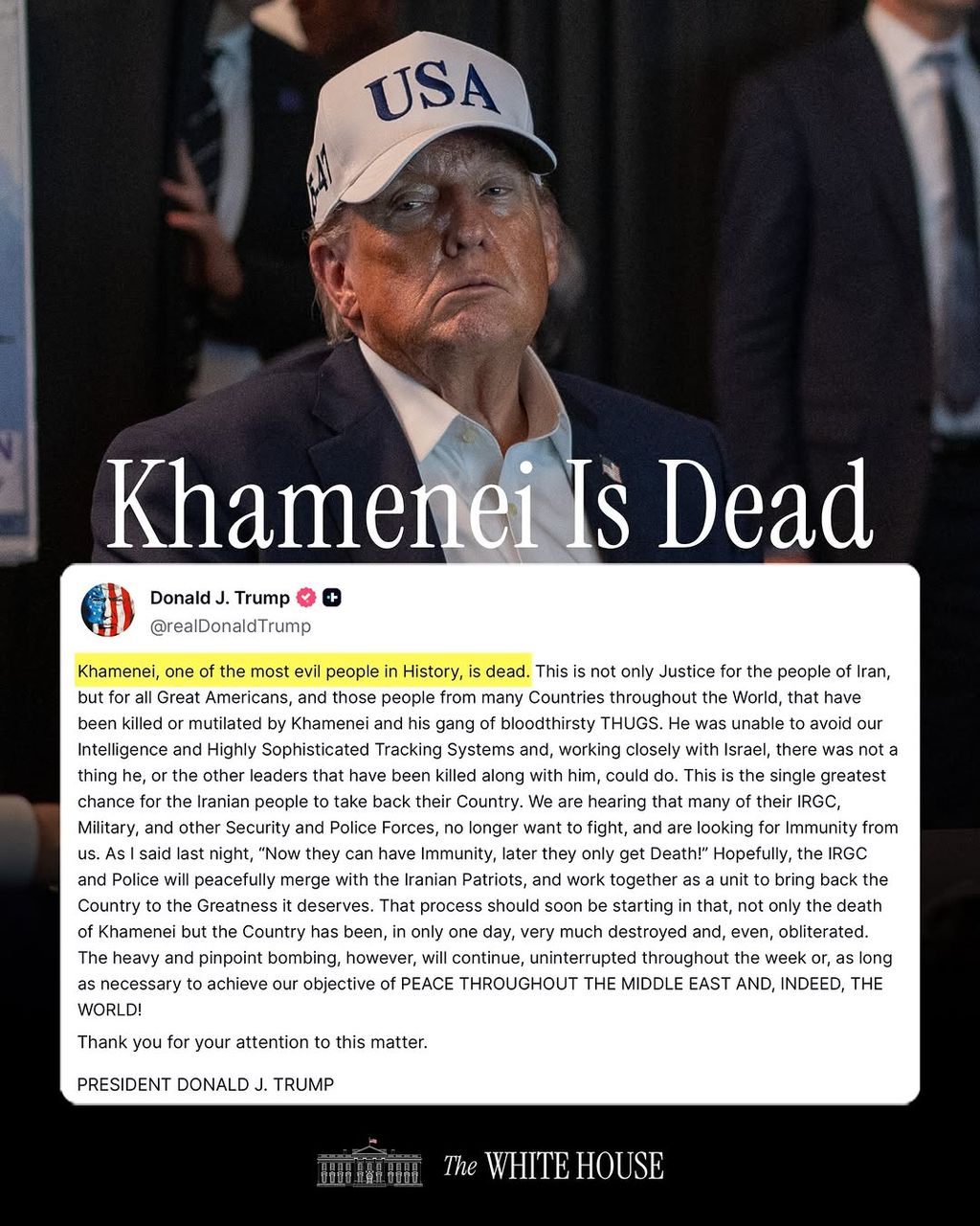 'Evil' Khamenei Is De@d - President Trump confirms Iran's Supreme Leader Ayatollah Ali Khamenei is de@d after US-Israeli strikes