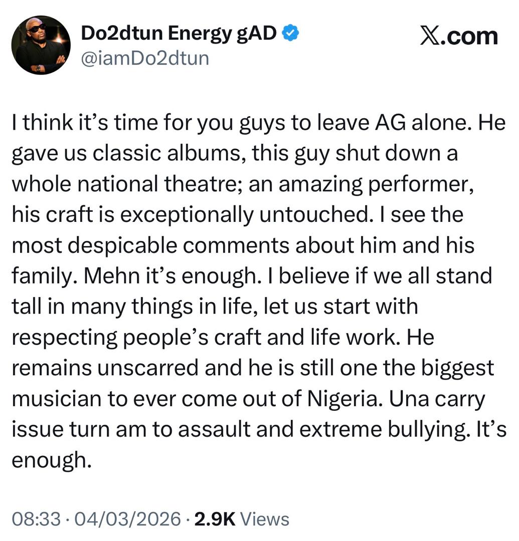 OAP Dotun tackles Nigerians consistently bashing singer, Adekunle, over controversial tweets shared by his wife, Simi, many years ago
