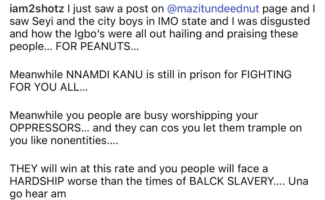 Rapper, 2shotz, slams Igbos supporting the government of the day