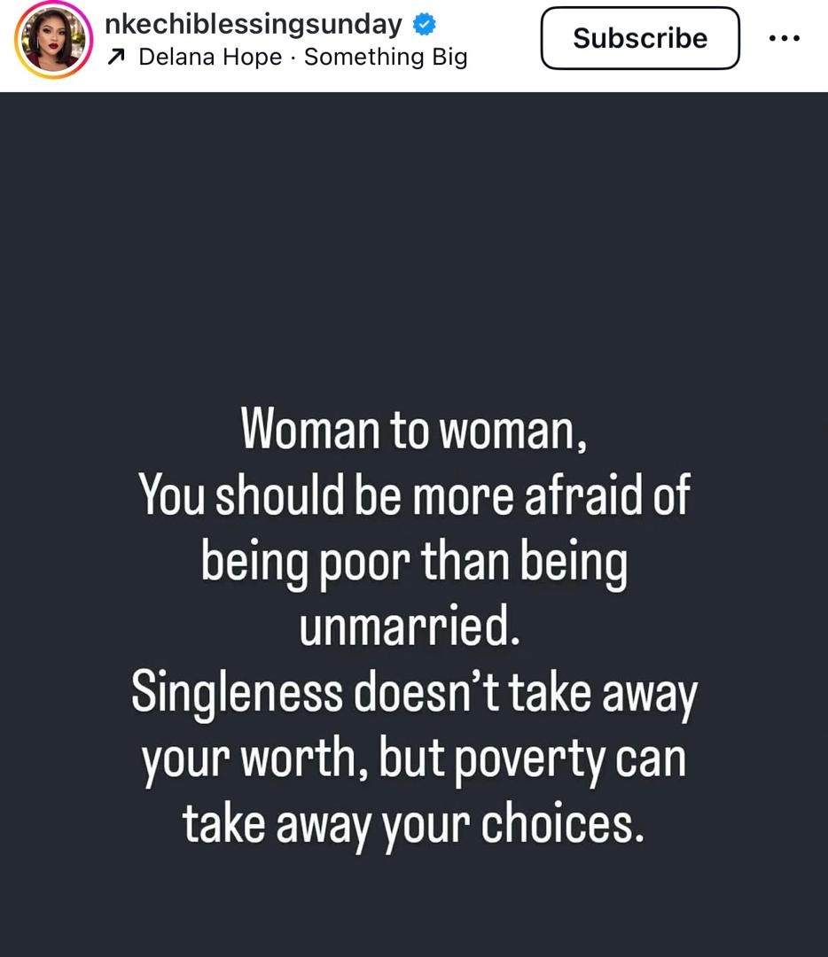 Woman to woman, You should be more afraid of being poor than being unmarried / Actress Nkechi Blessing Sunday