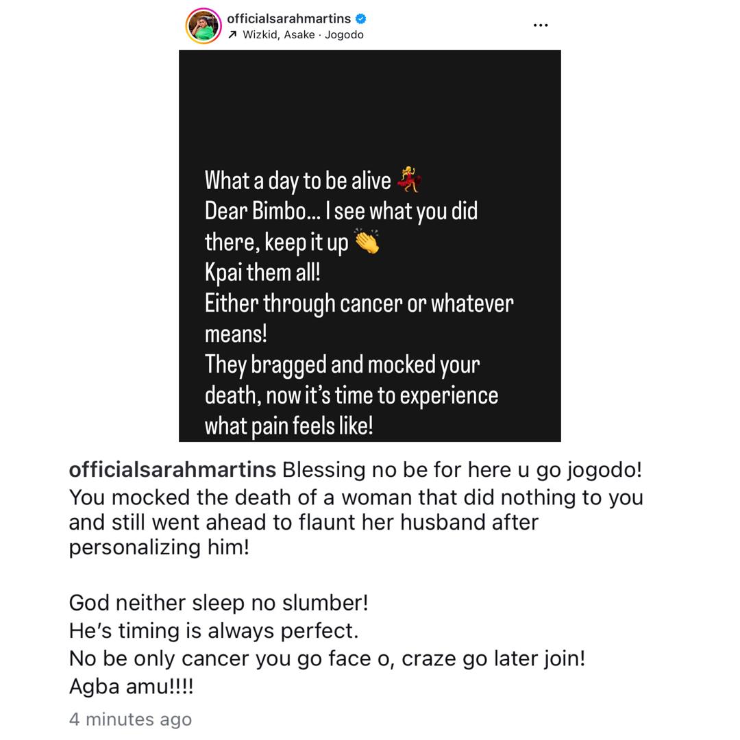 You mocked the de@th of a woman that did nothing to you. You will not only suffer cancer but madness - Actress Sarah Martins taunts Blessing CEO