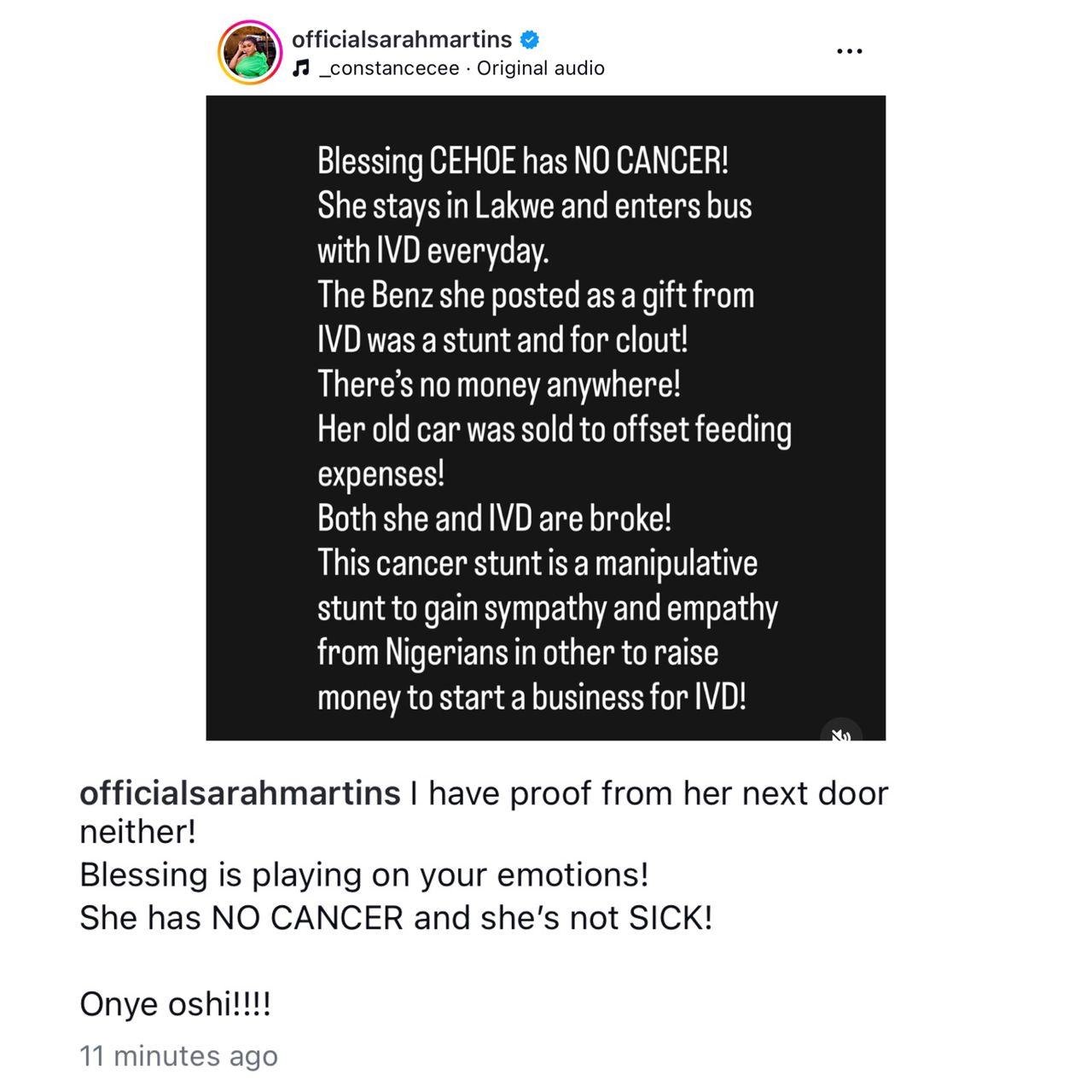 Actress Sarah Martins continues to drag Blessing CEO over claims she has cancer