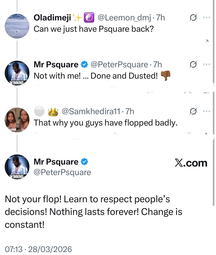 Singer, Peter Okoye shuts down possibility of PSquare ever reuniting