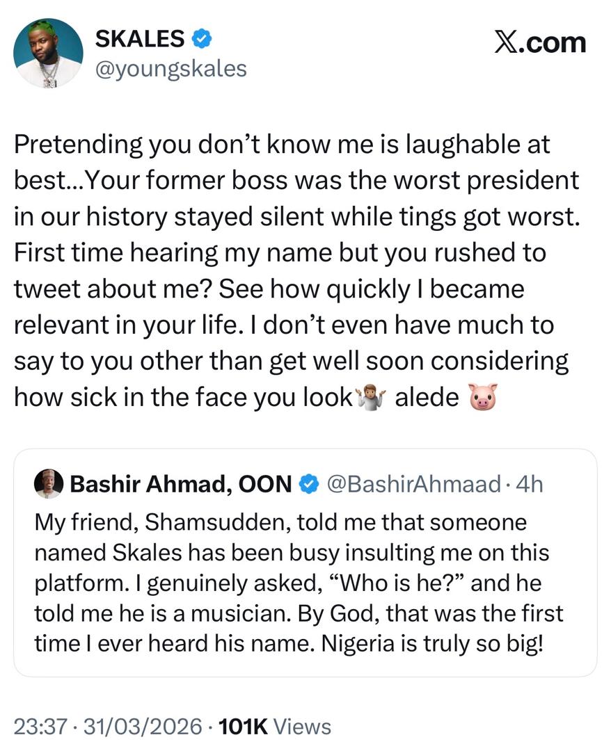 Jos attacks: Skales and Presidential aide, Bashir Ahmad, drag each other online