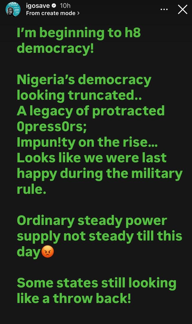 Iâm beginning to h8 democracy! It looks like we were last happy during the military rule - Comedian I Go Save