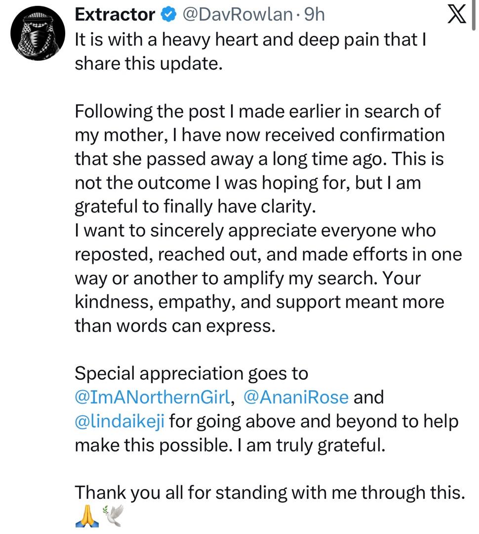 Update: Man who began search for his mum on X finds out she has passed on