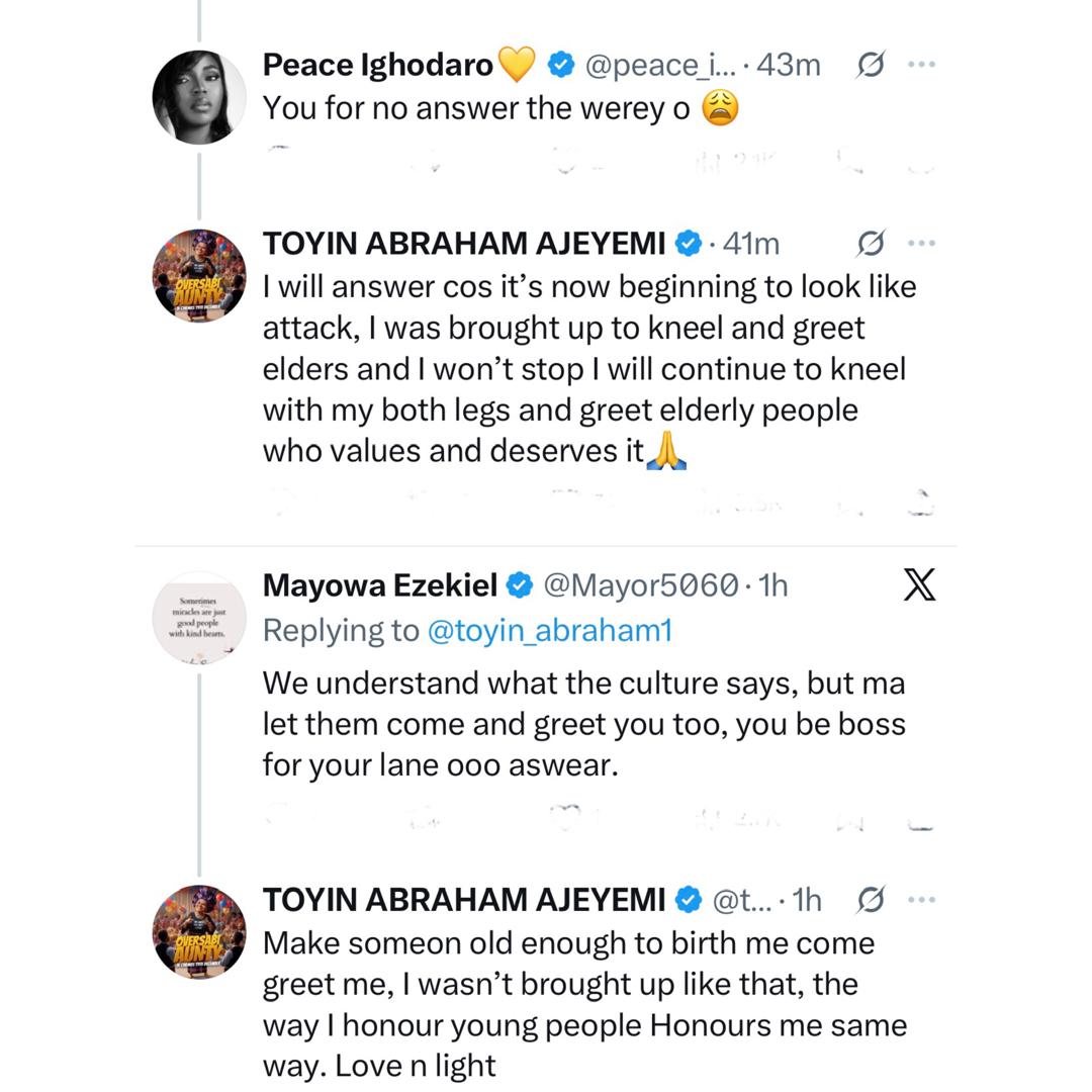 Actress Toyin Abraham responds after X user said her kneeling to greet people is becoming unnecessary and looking like âeye serviceâ