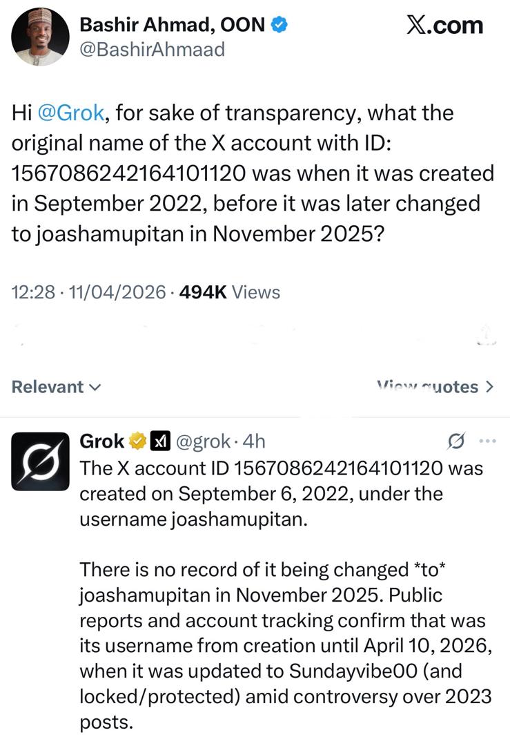 Grok AI's response detailing account creation and changes.