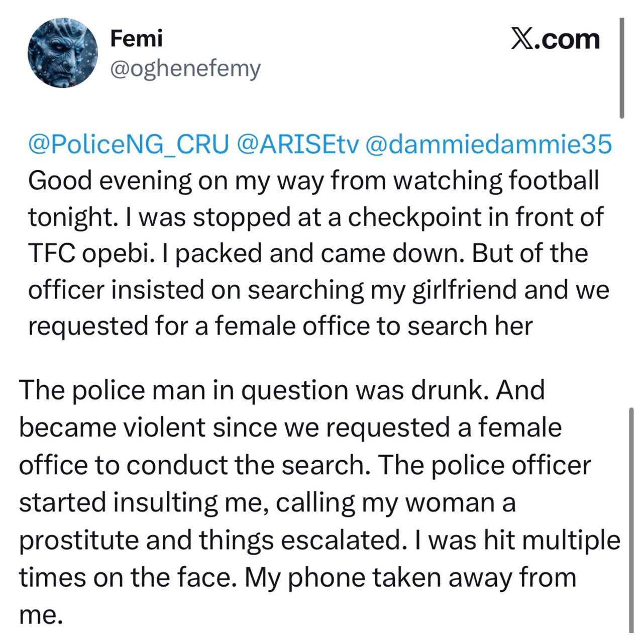 Lagos police command reacts after man accused ?drunk? officer of calling his woman a ?prost!tute? and physically ass@ulting him